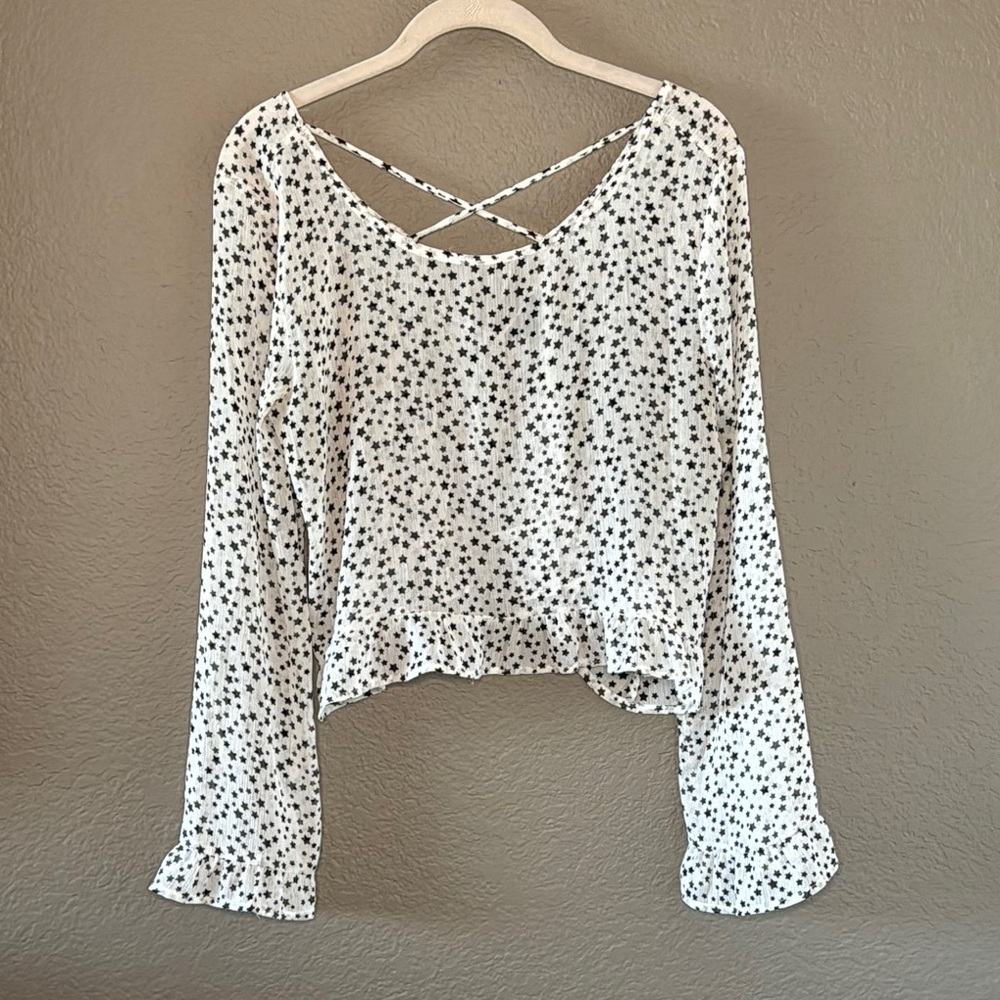 Wild Fable Black and White Crop Blouse with Bell Sleeves and Tie Front